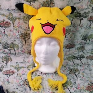 POKEMON Pikachu Face Yellow Knit Winter Beanie Hat Cap w Ears Nintendo 2016 OSFM